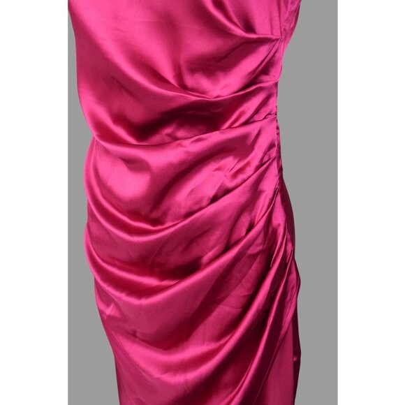RACHEL ZOE DARK PINK SATIN RUCHED ONE SHOULDER MIDI DRESS - Picture 4 of 7